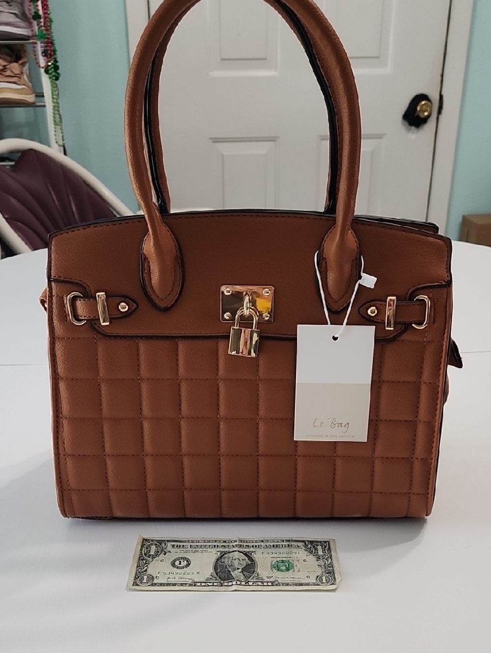 Quilted Brown Tote with Gold Hardware